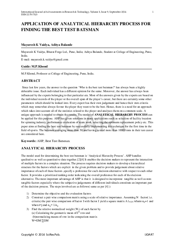 (PDF) APPLICATION OF ANALYTICAL HIERARCHY PROCESS FOR FINDING THE BEST ...