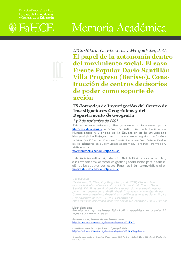 EL PAPEL DE LA AUTONOMÍA DENTRO DEL MOVIMIENTO SOCIAL. EL CASO FRENTE POPULAR DARÍO SANTILLÁN VILLA PROGRESO (BERISSO). CONSTRUCCIÓN DE CENTROS DECISORIOS DE PODER COMO SOPORTE DE ACCIÓN.