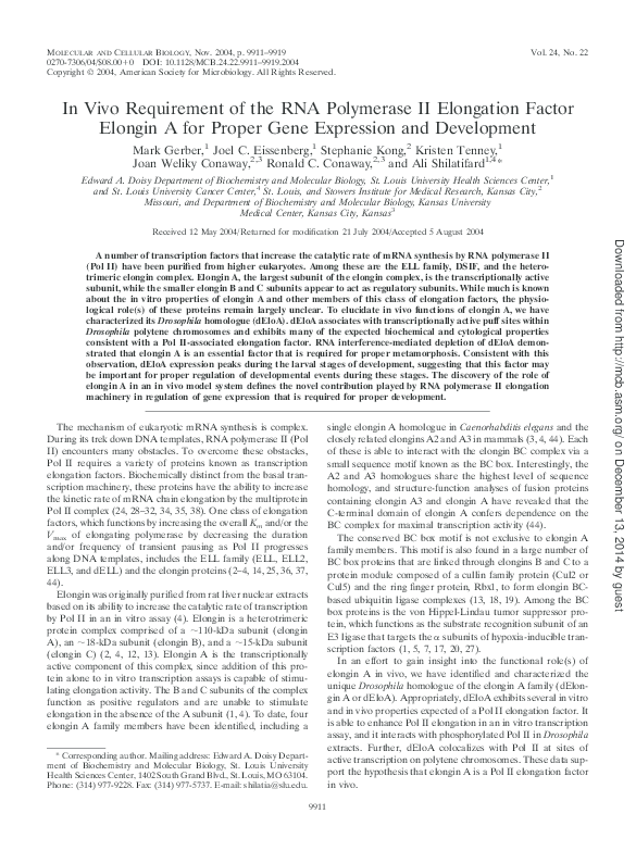 (PDF) In Vivo Requirement of the RNA Polymerase II Elongation Factor ...