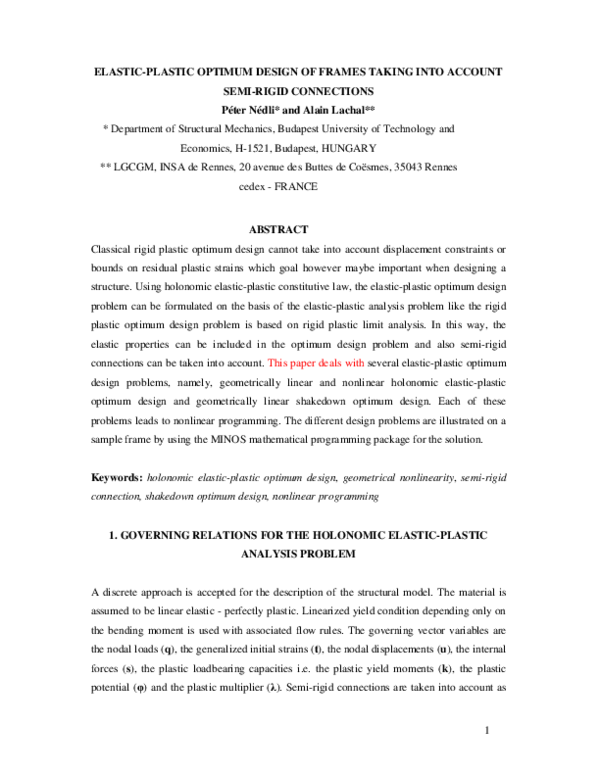 (PDF) ELASTIC-PLASTIC OPTIMUM DESIGN OF FRAMES TAKING INTO ACCOUNT SEMI ...
