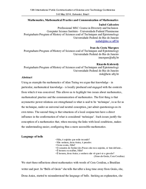 (PDF) Mathematics, Mathematical Practice and Communication of Mathematics
