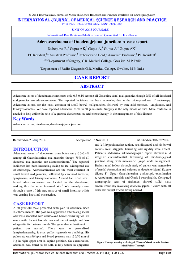 (PDF) Adenocarcinoma of Duodenojejunal junction: A case report