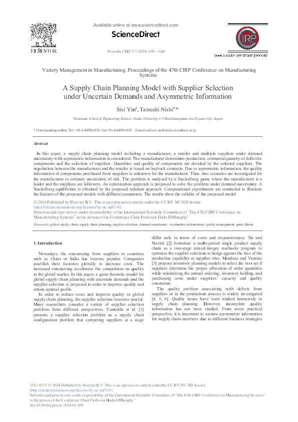 (PDF) A Supply Chain Planning Model with Supplier Selection under ...