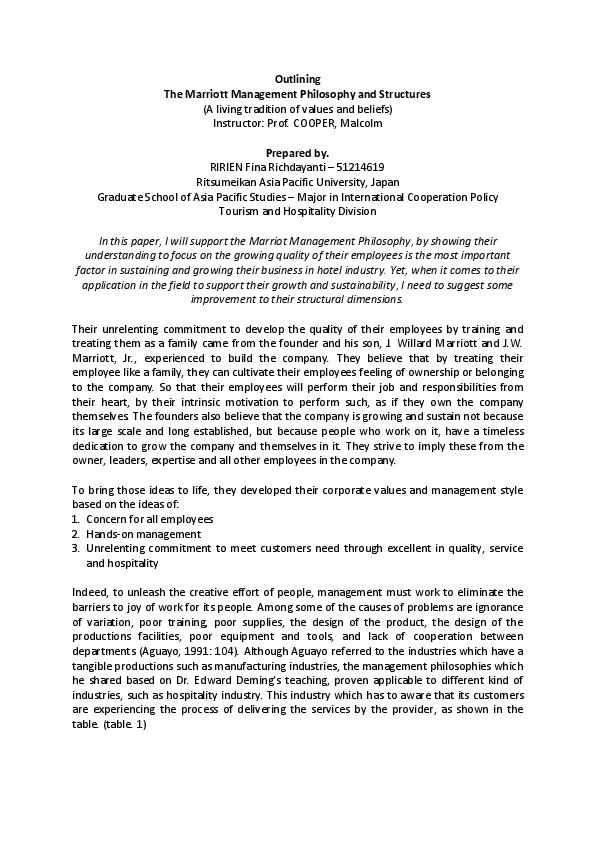 (DOC) Outlining The Marriott Management Philosophy and Structures