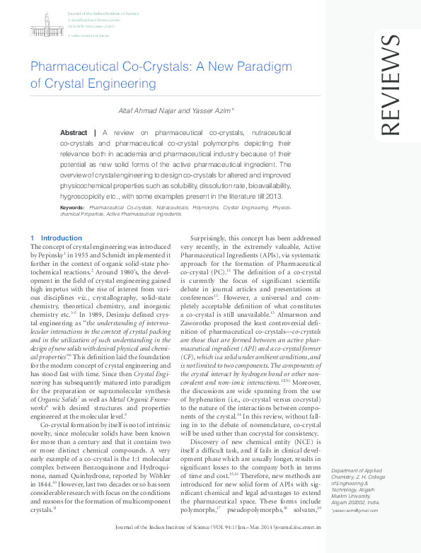 (PDF) Pharmaceutical Co-Crystals: A New Paradigm of Crystal Engineering