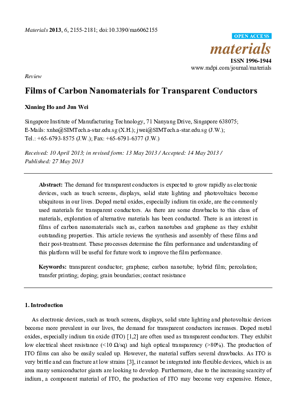(PDF) Films of Carbon Nanomaterials for Transparent Conductors Nicky