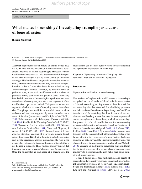 (PDF) What makes bones shiny? Investigating trampling as a cause of