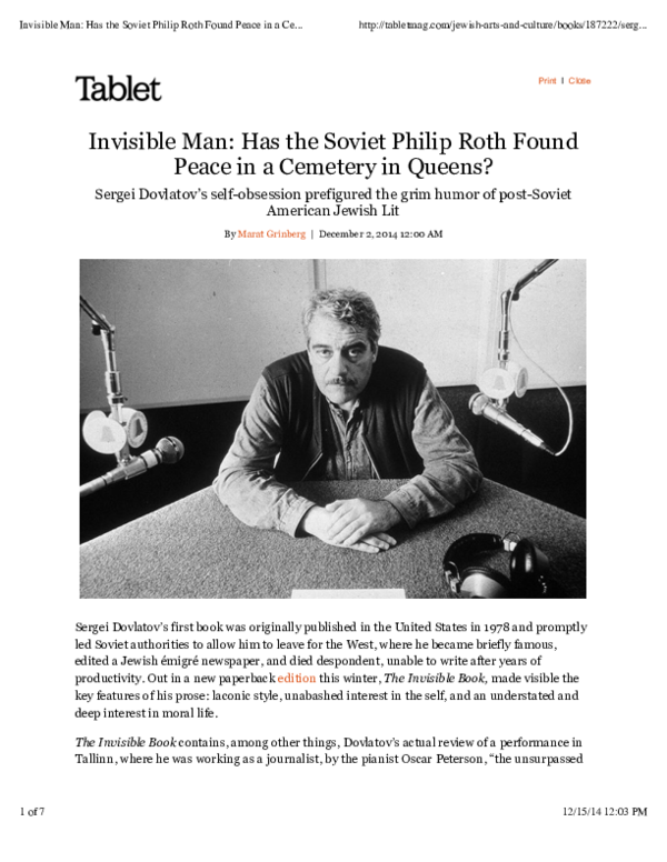 (PDF) Invisible Man: Has the Soviet Philip Roth Found Peace in a ...