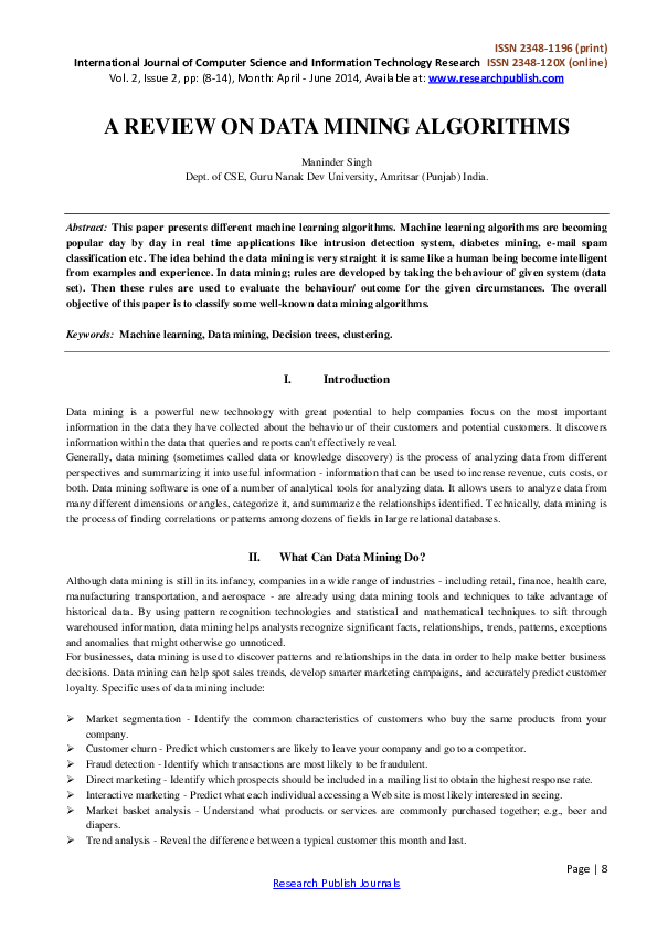 (PDF) A REVIEW ON DATA MINING ALGORITHMS-173