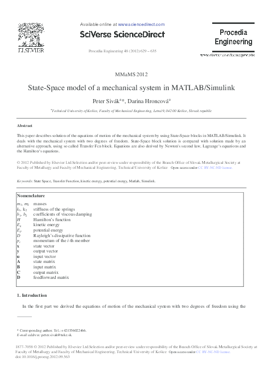 (PDF) State-Space model of a mechanical system in MATLAB/Simulink