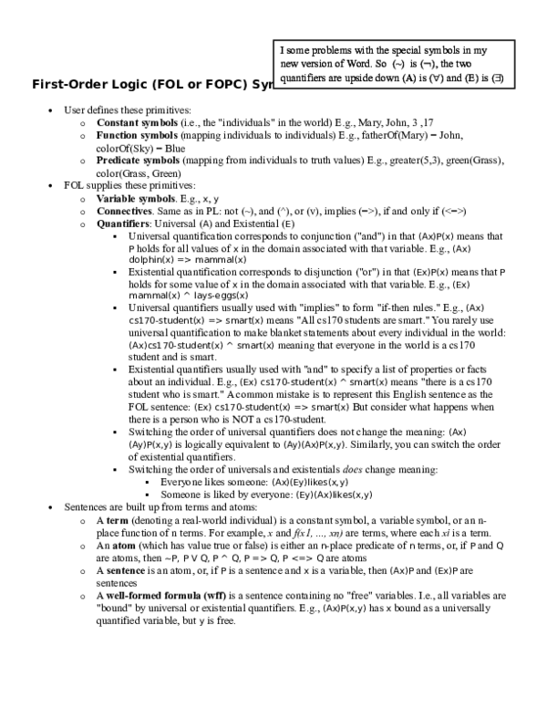 (DOC) First-Order Logic (FOL or FOPC) Syntax
