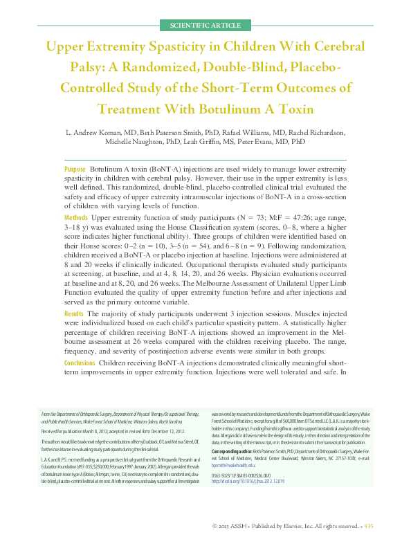 (PDF) Upper Extremity Spasticity in Children With Cerebral Palsy: A ...