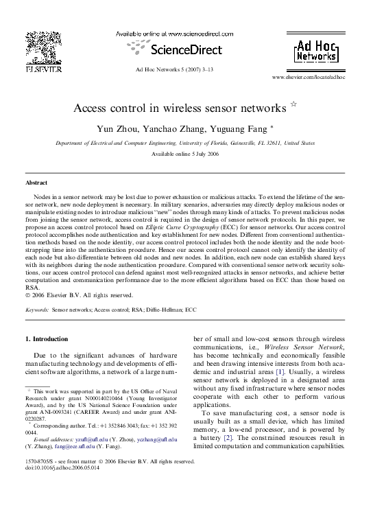 (PDF) Access control in wireless sensor networks