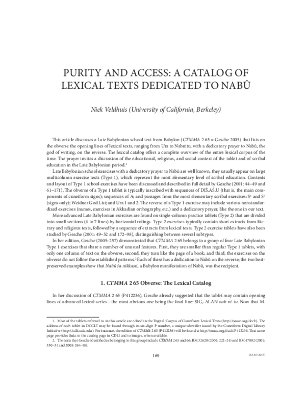(PDF) Purity and Access: A Catalog of Lexical Texts Dedicated to Nabû