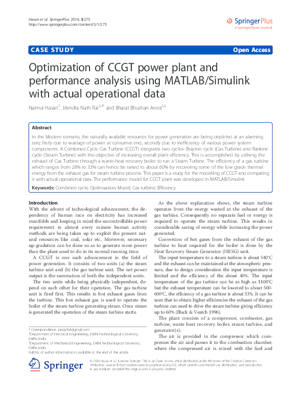 (PDF) Optimization of CCGT power plant and performance analysis using ...