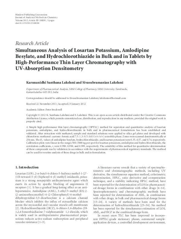  PDF Simultaneous Analysis Of Losartan Potassium Amlodipine Besylate 