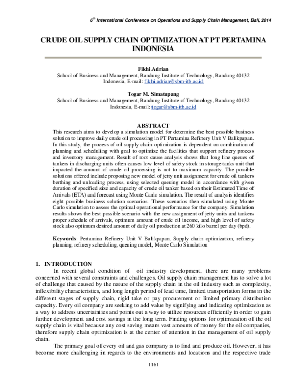 (PDF) CRUDE OIL SUPPLY CHAIN OPTIMIZATION AT PT PERTAMINA INDONESIA