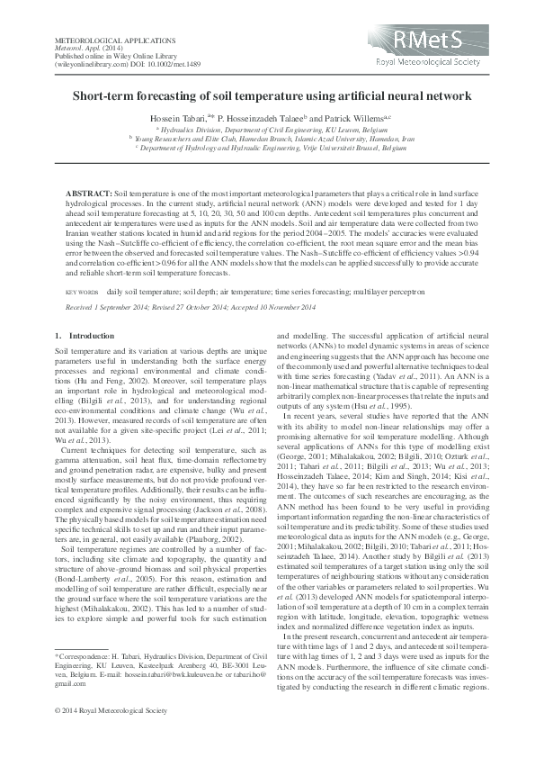 (PDF) Short-term forecasting of soil temperature using artificial ...