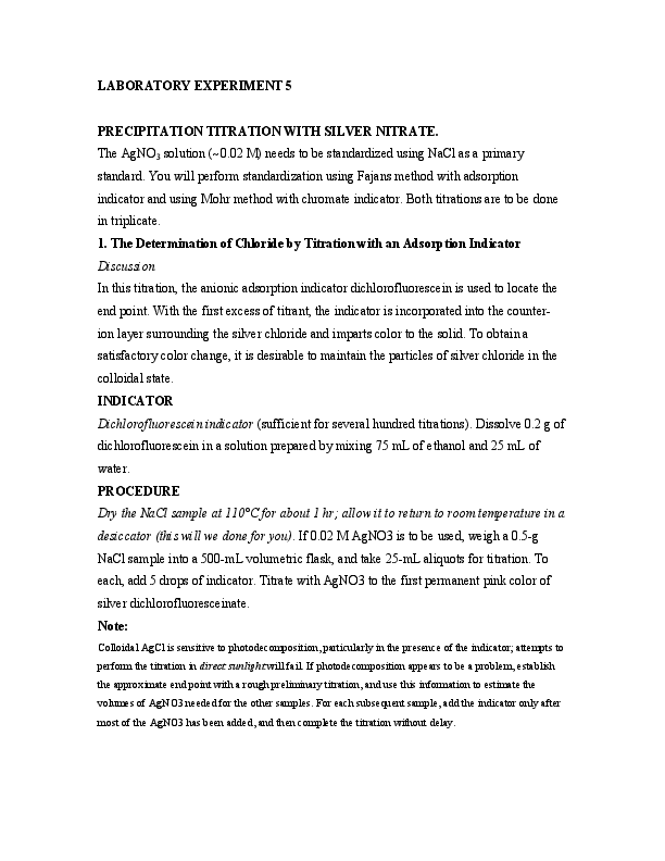 (PDF) LABORATORY EXPERIMENT 5 PRECIPITATION TITRATION WITH SILVER