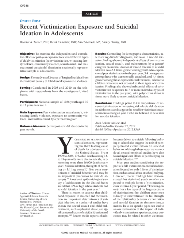 (PDF) Recent victimization exposure and suicidal ideation in adolescents