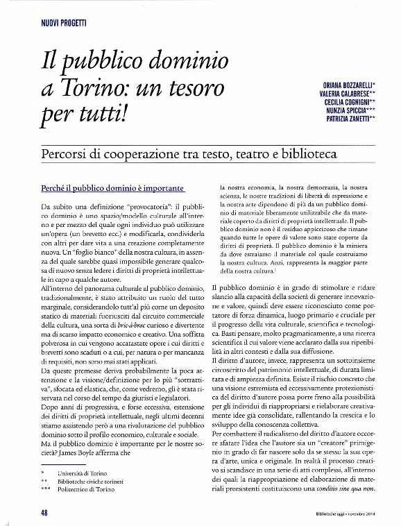 First page of “Il pubblico dominio a Torino: un tesoro per tutti! di Oriana Bozzarelli, Valeria Calabrese, Cecilia Cognigni, Nunzia Spiccia, Patrizia Zanetti, 2014.  In Biblioteche oggi. Editrice Bibliografica. pp. 48-59 (Published) [Journal Article (Print/Paginated)]. ”