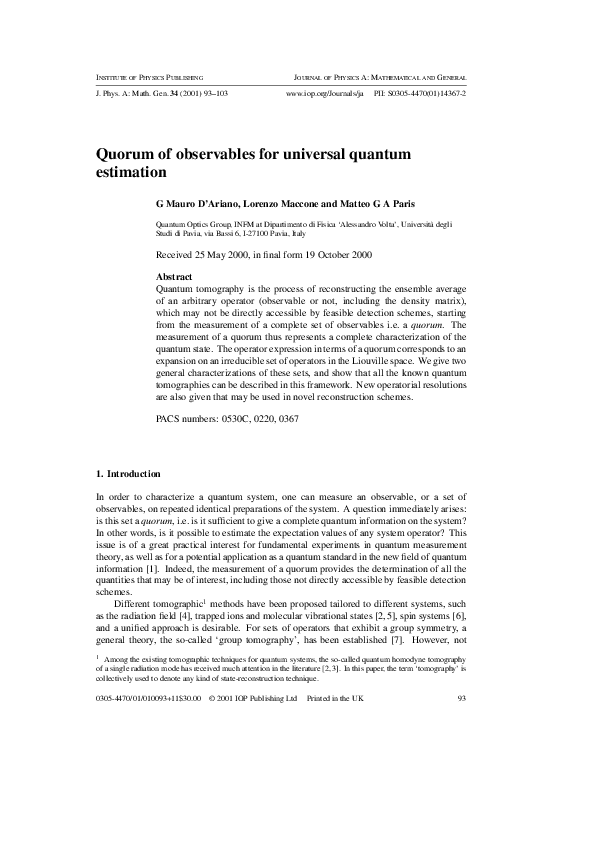 (PDF) Quorum of observables for universal quantum estimation