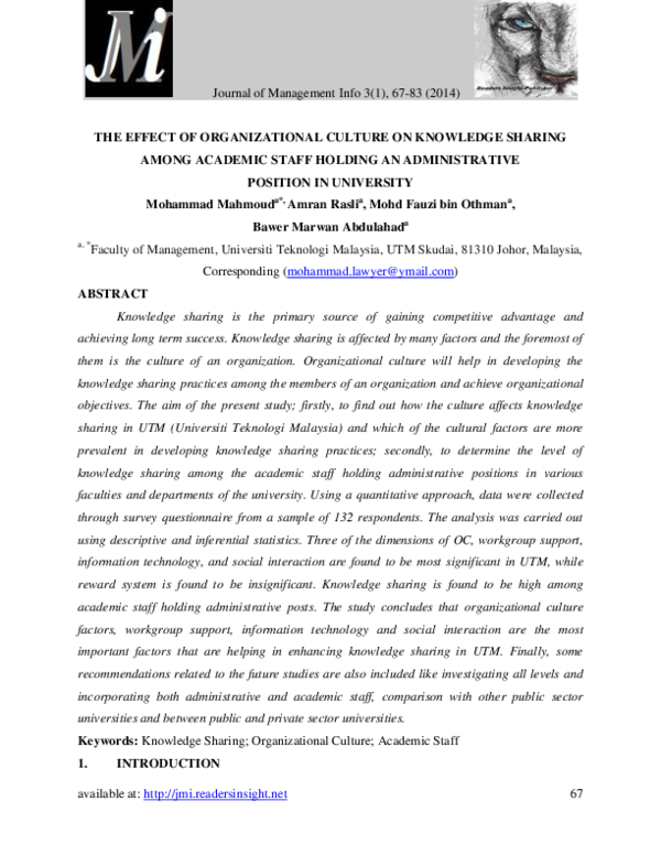 (PDF) THE EFFECT OF ORGANIZATIONAL CULTURE ON KNOWLEDGE SHARING AMONG ...