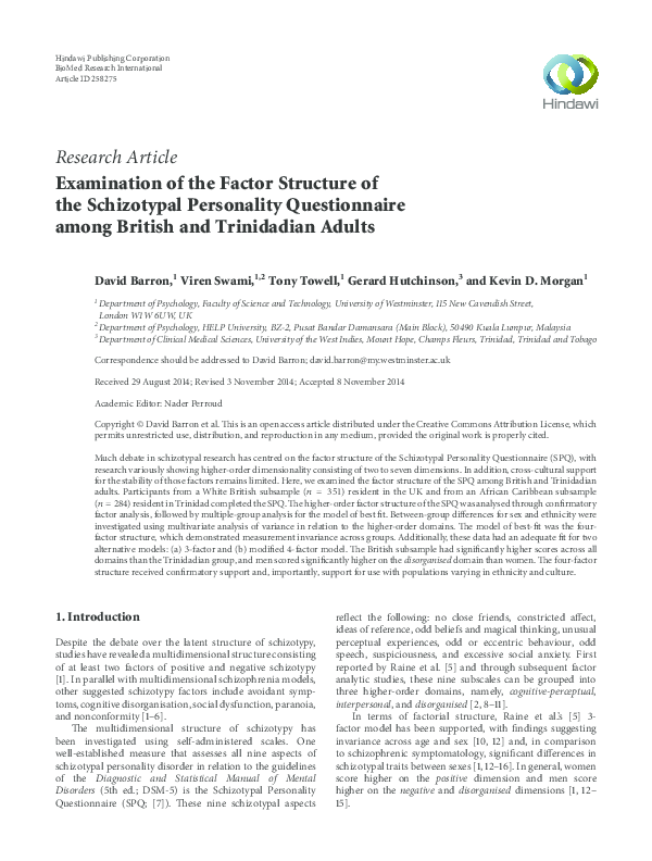 (PDF) Examination of the Factor Structure of the Schizotypal ...