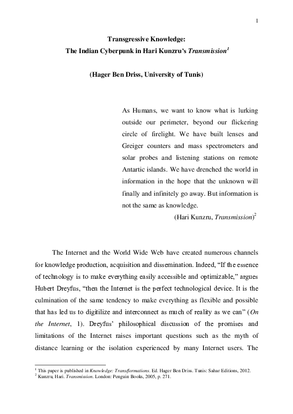 (DOC) Transgressive Knowledge The Indian Cyberpunk in Hari Kunzru’s