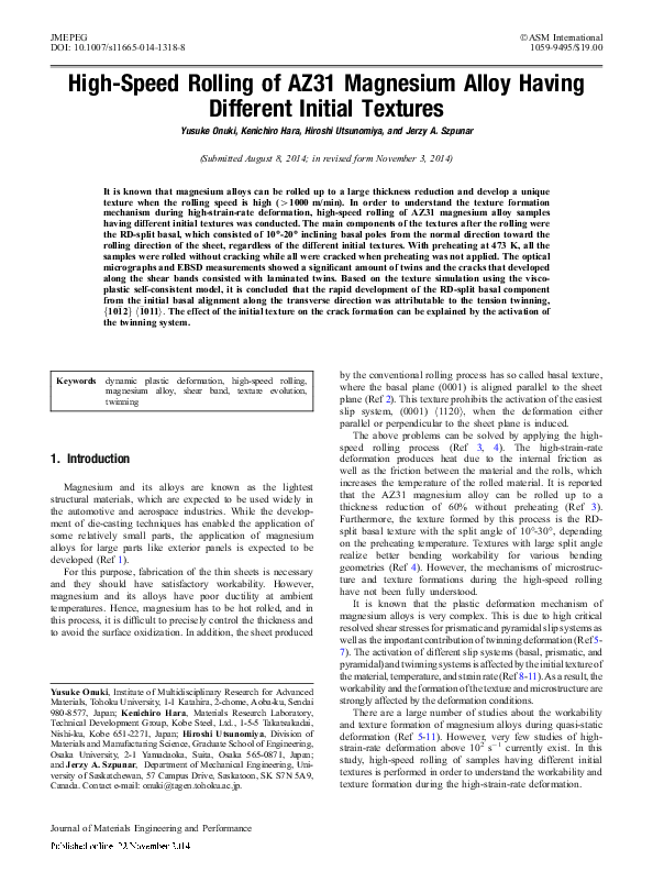 (PDF) High-Speed Rolling of AZ31 Magnesium Alloy Having Different ...