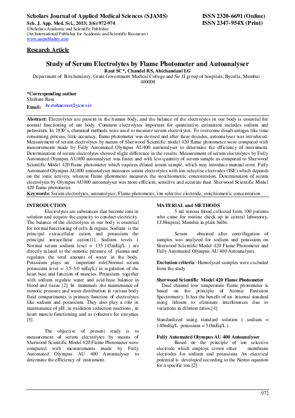 (PDF) Study of Serum Electrolytes by Flame Photometer and Autoanalyser