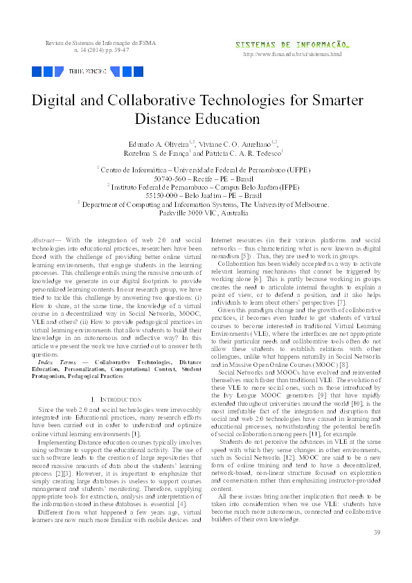 (PDF) Digital and Collaborative Technologies for Smarter Distance Education