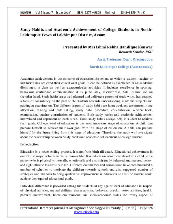 (PDF) Study Habits and Academic Achievement of College Students in ...
