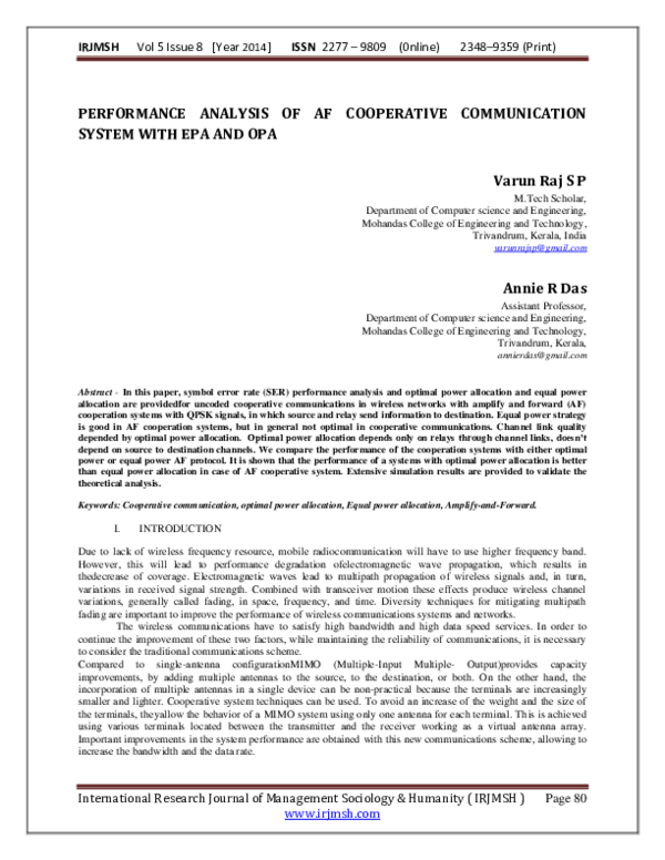 (PDF) PERFORMANCE ANALYSIS OF AF COOPERATIVE COMMUNICATION SYSTEM WITH ...