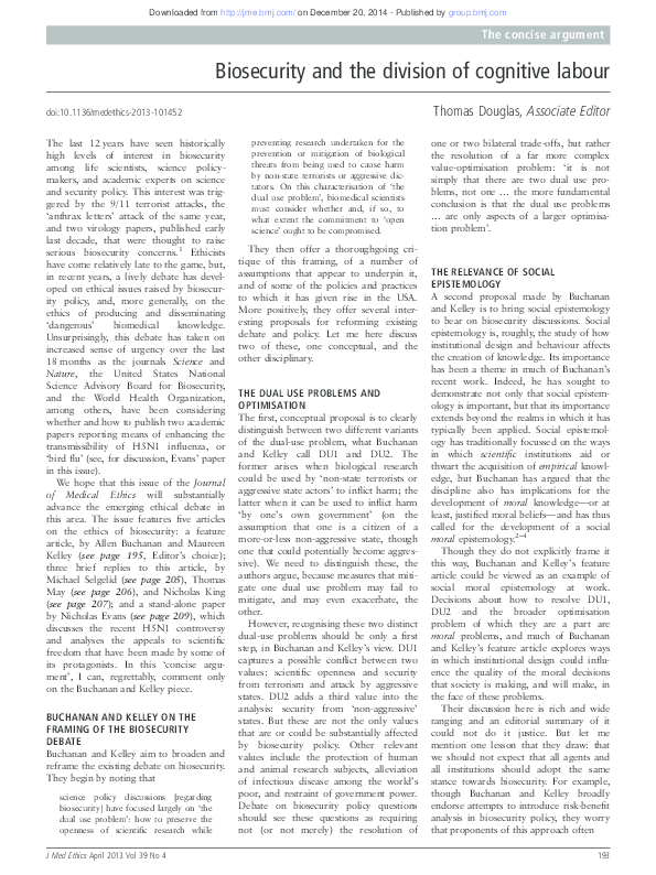 (PDF) Biosecurity and the Division of Cognitive Labour