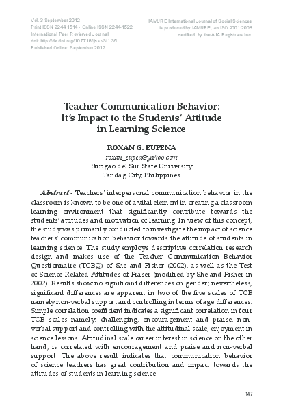 (PDF) Teacher Communication Behavior: It's Impact to the Students ...