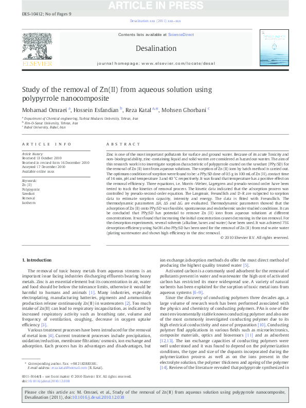 (PDF) Study of the removal of Zn(II) from aqueous solution using ...