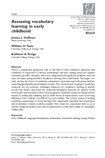 Pdf Assessing Vocabulary Learning In Early Childhood