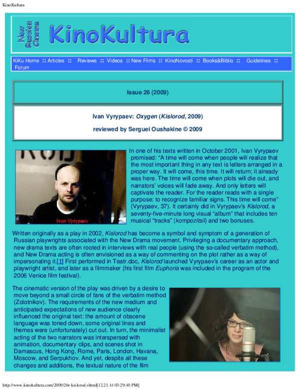 (PDF) Ivan Vyrypaev: Oxygen (Kislorod, 2009) reviewed by Serguei