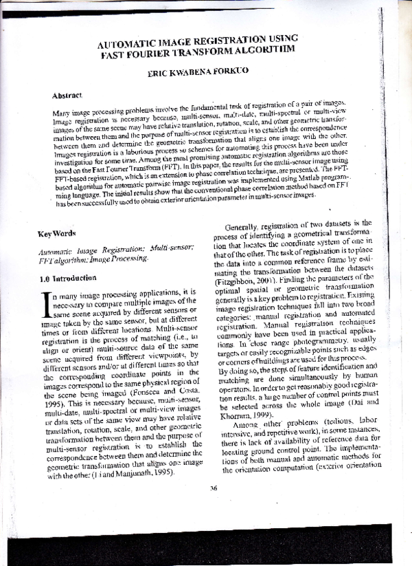 (PDF) Automatic Image Registration Using Fast Fourier Tnanstorm Algorithm