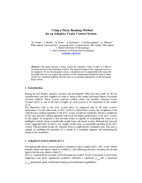 (PDF) Using a Fuzzy Ranking Method for an Adaptive Cruise Control ...