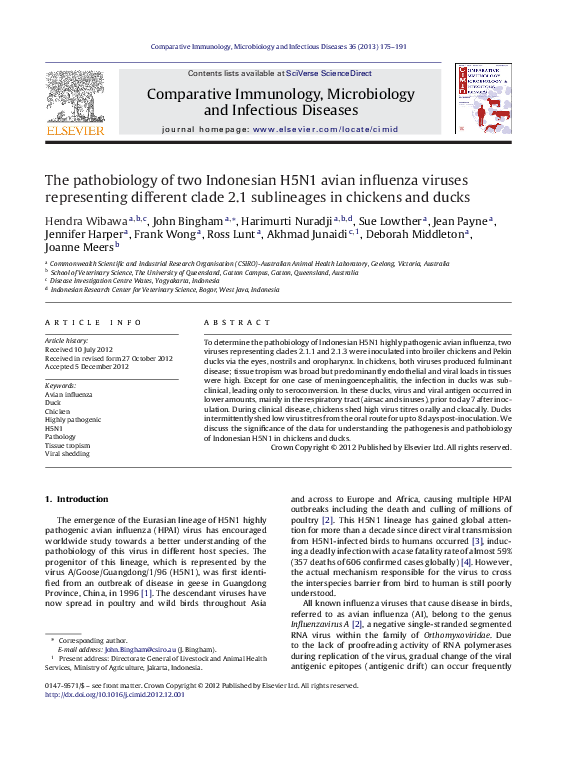 (PDF) The pathobiology of two Indonesian H5N1 avian influenza viruses ...