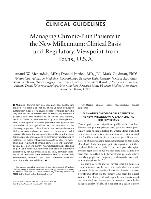 Pdf Managing Chronic Pain Patients In The New Millennium - 