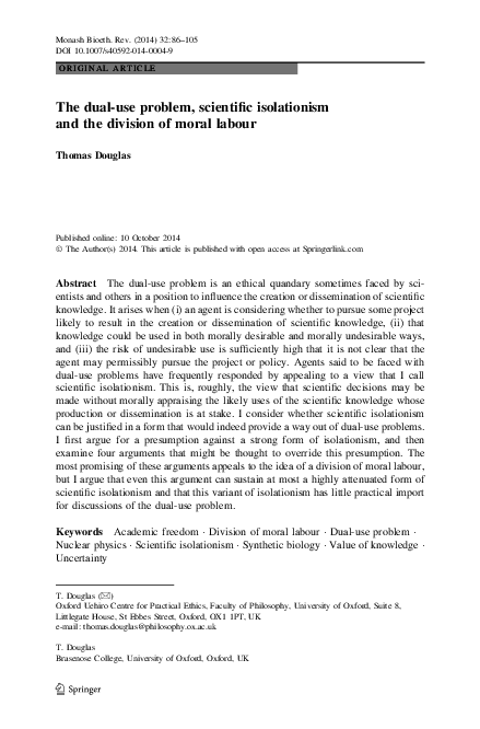 (PDF) The Dual-Use Problem, Scientific Isolationism, and the Division ...