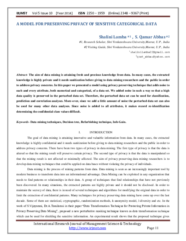 (PDF) A MODEL FOR PRESERVING PRIVACY OF SENSITIVE CATEGORICAL DATA
