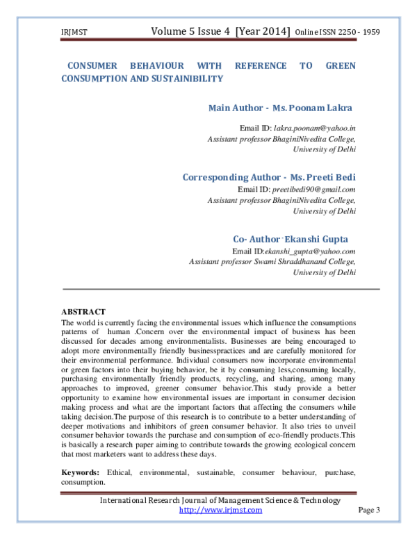 (PDF) CONSUMER BEHAVIOUR WITH REFERENCE TO GREEN CONSUMPTION AND ...
