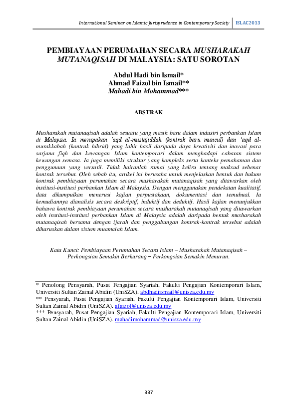 PDF) Pembiayaan Perumahan Secara Musharakah Mutanaqisah Di 
