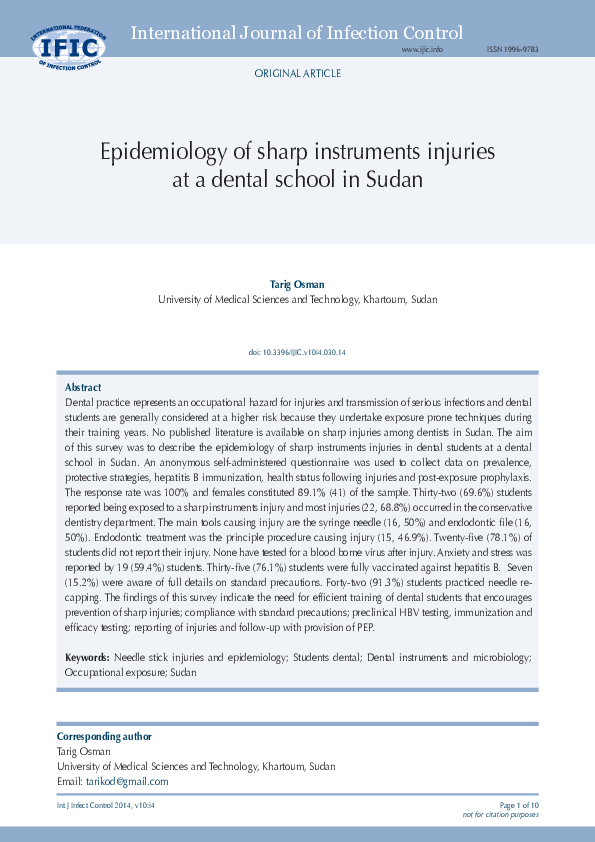 (PDF) Epidemiology of sharp instruments injuries at a dental school in Sudan Tarig Osman