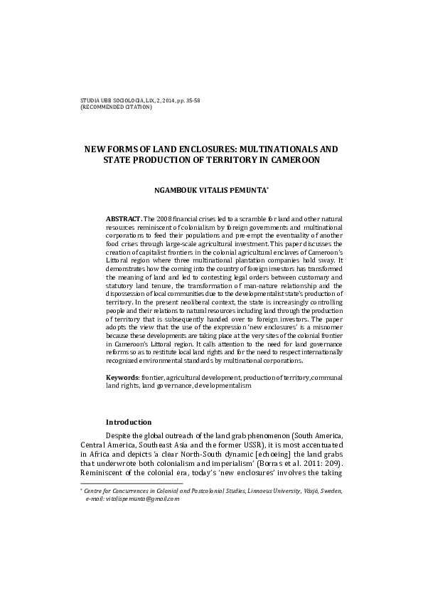 (PDF) New Forms of Land Enclosures Multinationals and State production