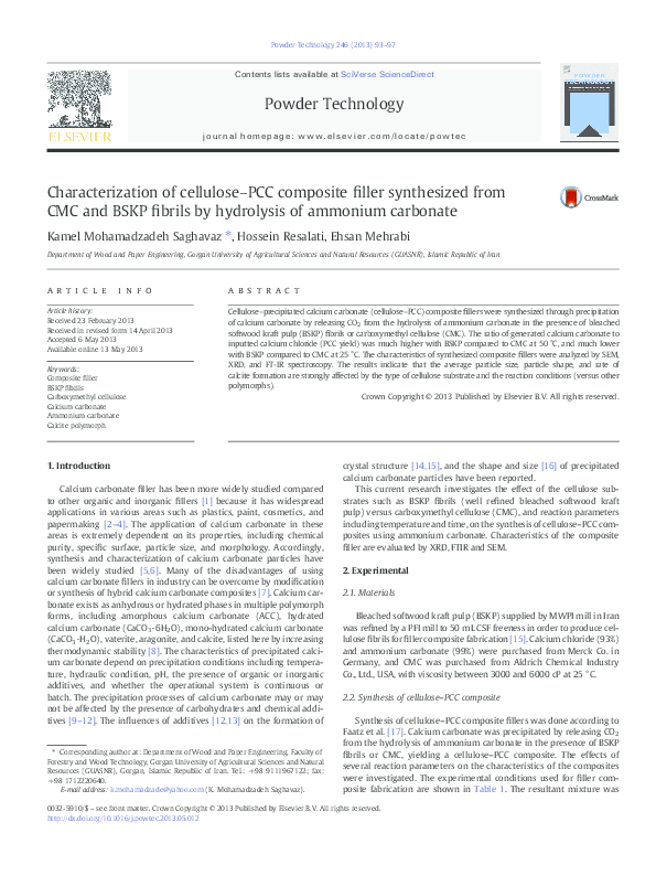 Pdf Characterization Of Cellulose Pcc Composite Filler Synthesized From Cmc And Bskp Fibrils By Hydrolysis Of Ammonium Carbonate Ehsan Mehrabi Academia Edu
